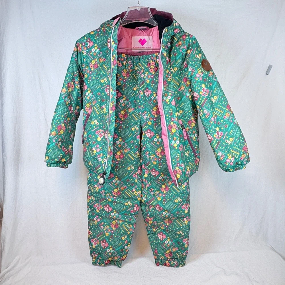 Obermeyer Girls Green Pink Floral I-Grow Snow Ski Suit Jacket Pants Size 8